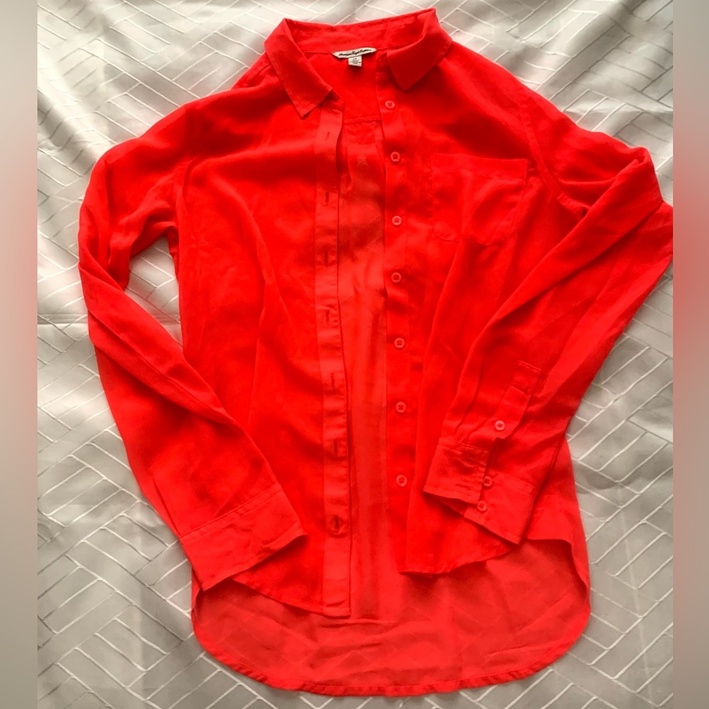 American Eagle Outfitters bright orange button up sheer collared shirt blouse SM